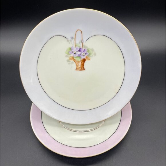 Antique Luncheon Plates Hand Painted Pink Cabbage Rose Purple Plate Wall Bavaria - Picture 2 of 10